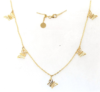 Collana in oro giallo 18kt con elementi pendenti traforati a forma di farfalla