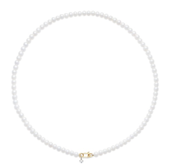 Collana con perle coltivate di diametro 4 mm circa con chiusura a moschettone in oro 18kt e diamante bianco pendente da 0.05 ct