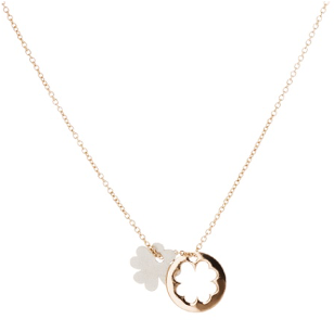 Collana in oro 18kt con elemento centrale tondo con quadrifoglio traforato ed elemento laterale a forma di quadrifoglio in oro bianco satinato a contrasto